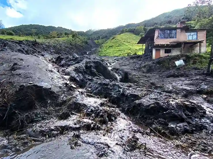 Los deslizamientos de tierra provocaron que las lluvias arrastraran lodo y vegetación hacia varias casas en Guano.
