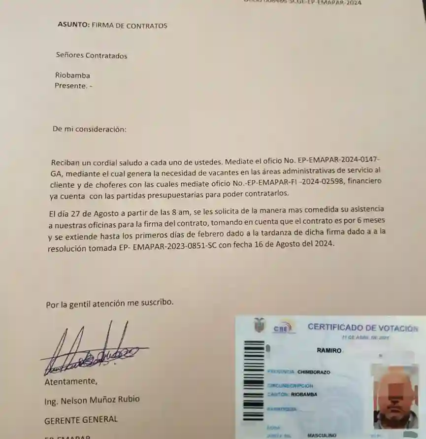 Con este "oficio", que tiene la "firma del gerente de la EP-EMAPAR", el ciudadano embaucaba a sus víctimas