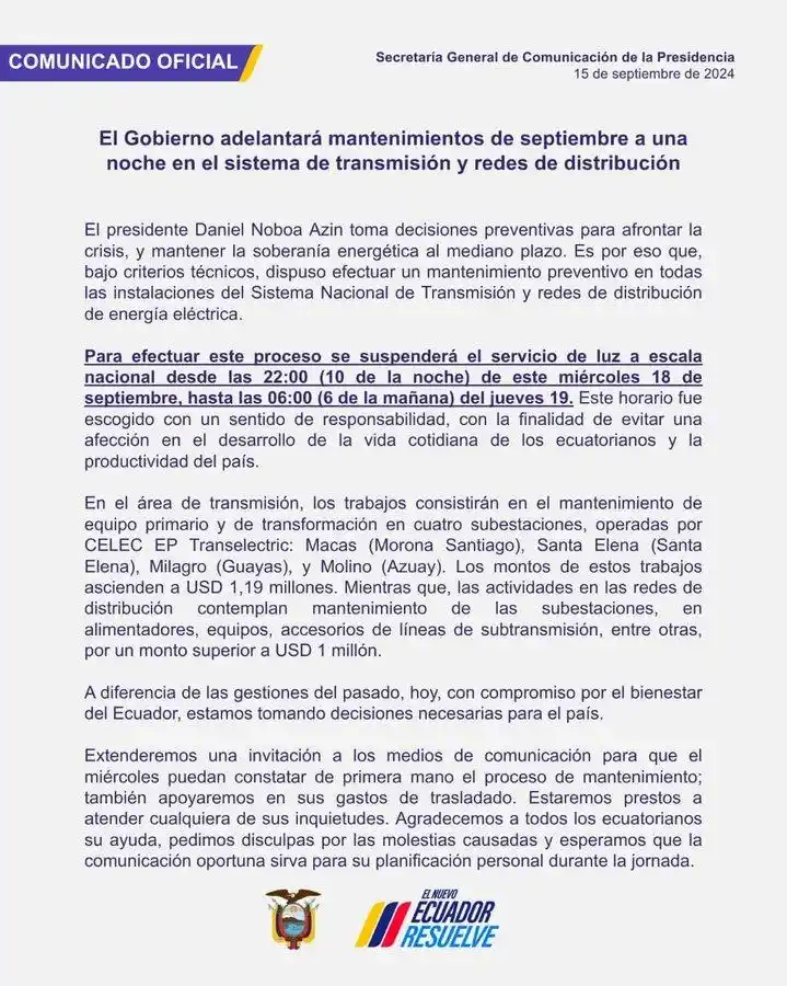 Gobierno de Noboa cortará la luz a nivel nacional