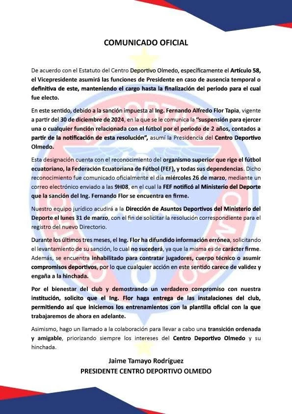 Comunicado emitido por Jaime Tamayo.