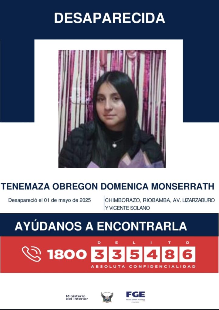 Familiares buscan a Tenemaza Obregon Domenica Monserrath